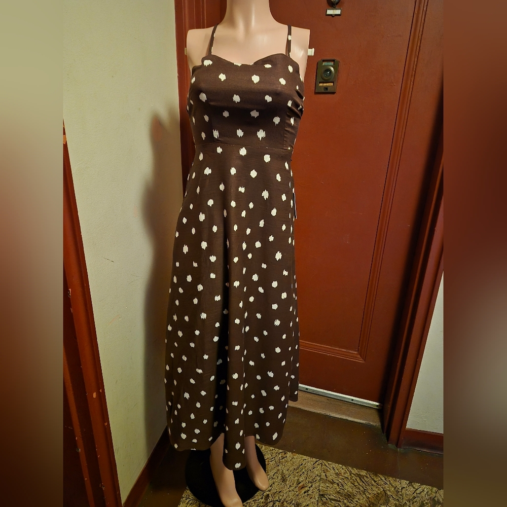 I. State Mahagony Polka Dot Midi Dress with Back Tie Detail Side Pockets SZ XXS
